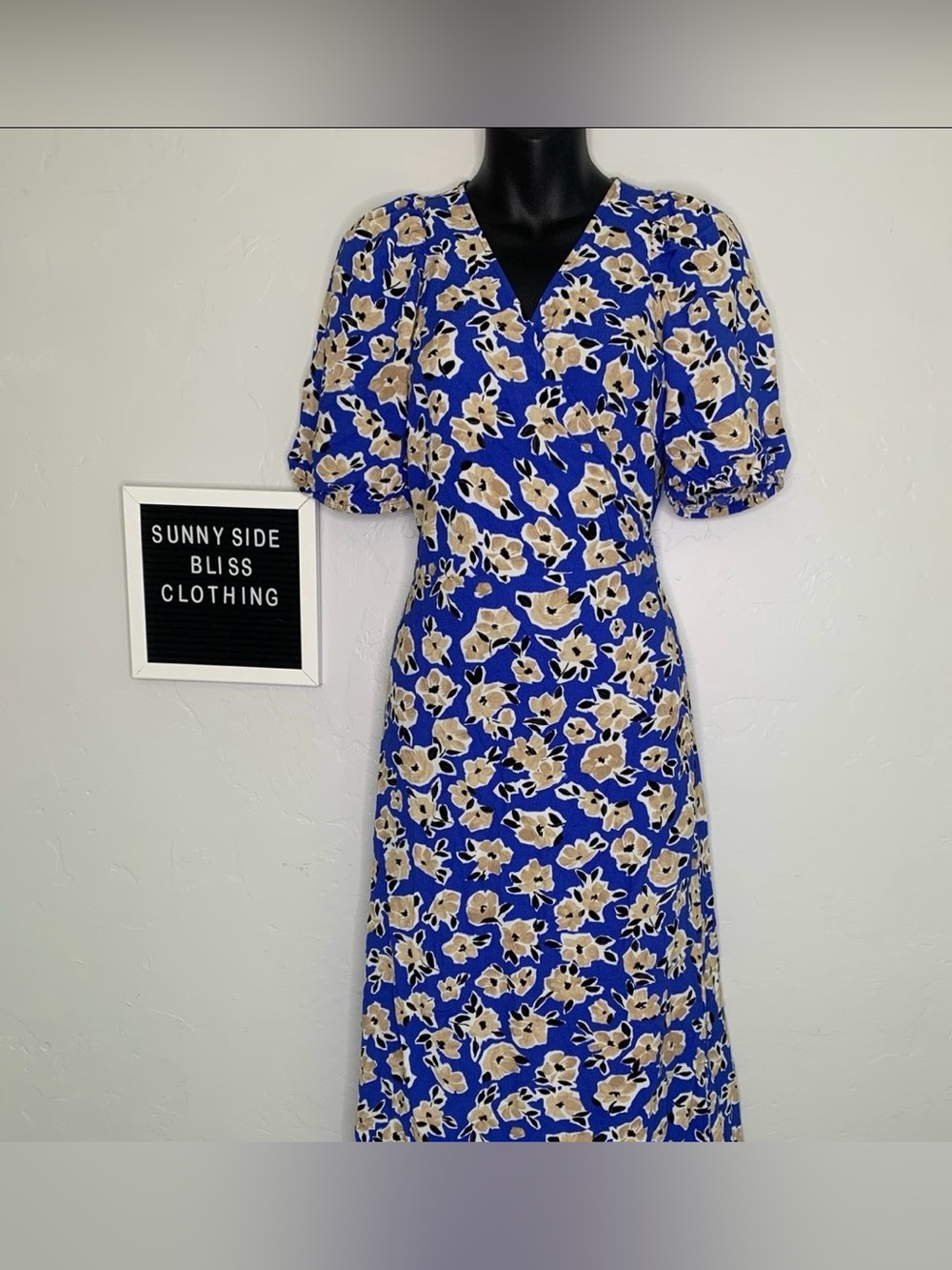Ann Taylor Blue Cream Floral V Neck Maxi Wrap Dress Short Sleeve Size 0